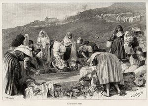 A lavanda de Osilo (Itália), mulheres reunidas em torno da bacia. Gravura e história "La Sardaigne" de Gaston Vuillier (1845-1915), em 1890, em Le tour du monde, nouveau journal des voyages, sob a direcção de Edouard Charton (1807-1890), 2º semeste de Gaston Vuillier