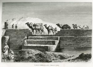 O reservatório de Abdallah (Arábia Saudita). Gravura de G.Vuillier, para ilustrar a história "Pelerinage au Nedjed, berço da raça árabe", de Lady Anna Blunt, em 1878-1879, publicada no Tour du monde, sob a direcção de Edouard Charton (1807-18 de Gaston Vuillier