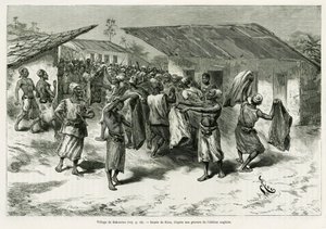 A aldeia de Bakourou, os povos indígenas são oferecidos presentes para as negociações de paz. Gravado por G.Vuillier, para ilustrar a história Dans les tenebres de l
