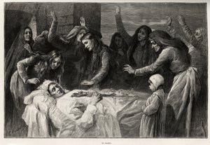 O vocero, canção funebre corsa que chama à vingança. Gravura e história "La Corse" de Gaston Vuillier (1845-1915), em 1890, em Le tour du monde, nouveau journal des voyages, sob a direção de Edouard Charton (1807-1890)