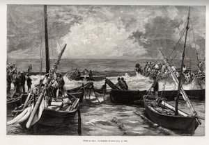 Pesca do atum (mattanza): a câmara da morte, prensas de atum num espaço apertado são cobertas pelos arpões dos pescadores. Gravura e história "La Sardaigne" de Gaston Vuillier (1845-1915), em 1890, em Le tour du monde, nouveau journal des voyages, under t de Gaston Vuillier
