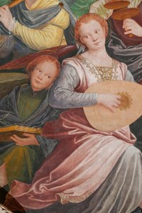 Detalhe da Assunção de Nossa Senhora, conhecida como "O coro de anjos tocando música", Cúpula do transepto, de 1534 (fresco) de Gaudenzio Ferrari