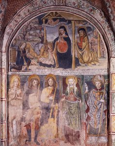 Natividade e Santos, afresco de Gaudenzio Ferrari (1475-1546), Basílica de San Giulio, Ilha de San Giulio, Orta San Giulio, Itália de Gaudenzio Ferrari