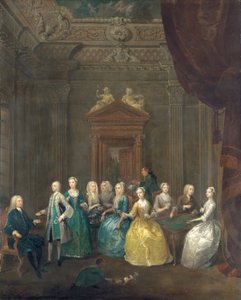 Retrato da família Porten tomando chá em um interior luxuoso