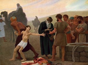José é vendido como escravo pelos seus irmãos invejosos, c.1940 (litografia a cores)