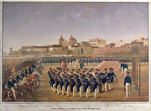 O tiro de Pantaleon German de Ribon e seus 8 companheiros em Cartagena em 24 de fevereiro de 1816 (gravura colorida) de Generoso Jaspe