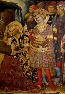 Altarpiece of the Adoration of the Magi (Pala Strozzi) Detalhe representando dois reis. Pintura de Gentile da Fabriano (Gentile di Niccolo) (1370-1427) 1423 Sol. 173x220 cm. Tempera sobre madeira. Florença, Galleria degli Uffizi (Uffizi) de Gentile da Fabriano