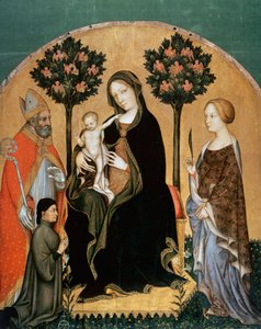 Madonna com Criança e Santa Catarina, São Nicolau e Doador (tempera no painel) de Gentile da Fabriano