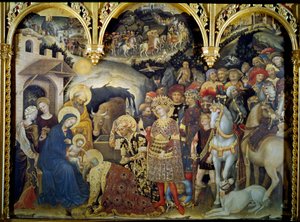 A Adoração dos Magos Detrempe na Madeira por Gentile da Fabriano (1370-1427) 1423. O Sol. 3x2,8 m Florença, Galeria Uffizi. de Gentile da Fabriano