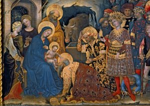 A Adoração dos Magos, detalhe de Virgem e Criança com três reis, 1423 têmpera sobre painel de Gentile da Fabriano
