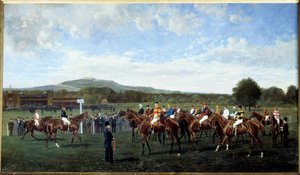 Partida em Longchamp dada pelo Barão Foy em 1877 Montando os cavalos no início de uma corrida na pista de corrida. Pintura de Geo Arnull (século XIX) 1877. Paris, encorajamento da Sociedade de Geo Arnull