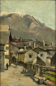 Casas ao longo de uma estrada perto de uma montanha (Innsbruck?) de Geo Poggenbeek