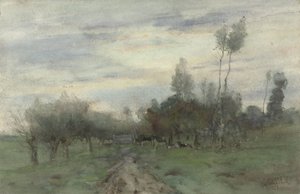 Estrada rural com vacas ao anoitecer