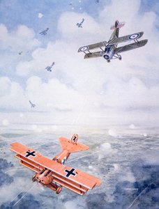 O último voo do Capitão Barão von Richthofen, c.1920 (cor litho) de Geoffrey (after) Watson