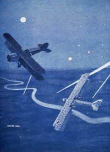 Caça Bristol ataca bombardeiro alemão Gotha sobre Londres à noite (lito colorido) de Geoffrey Watson