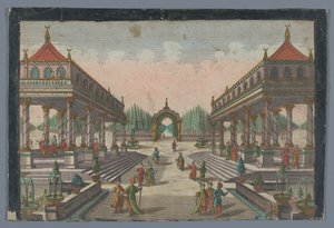 Vista de uma colunata em direção a um jardim de ciprestes em Constantinopla Colonnata no Groß-Sultans Lust-Garten de Georg Balthasar Probst (possibly)