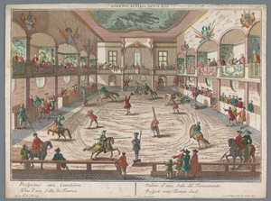 Vista de uma escola de torneios
Prospect eines Turnier Saal (título sobre o objecto)
Torneio e escolas de esgrima (título da série) de Georg Balthasar Probst