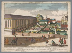 Vista do Palácio Real e do mosteiro dos Frades Menoritas Capuchinhos em Wroclaw
Das Könige Palatium, samt dem Capuciner und Minoritten Closter zu Breslau (título sobre o objecto)
Wroclaw (título da série) de Georg Balthasar Probst