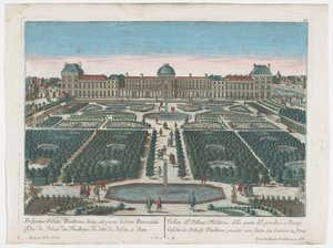 Vista do Palais des Tuileries em Paris vista do Jardin des Tuileries
Gesicht des Pallasts Thuilleries genannt, von seiten des Gartens zu Paris (título sobre o objecto)
Paris (título da série) de Georg Balthasar Probst