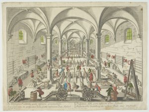 Per telecopium exhibitio partis inferioris armamentarii, Representação em perspectiva de la partie inferieure d&39;un arsenal, c.1750 (gravura colorida à mão) de Georg Balthasar Probst