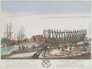 Vista do estaleiro do Almirantado da Zelândia em Vlissingen, em 1779. Litografia (36,3x49,1 cm), gravura de Leizel baseada num desenho de Georg Balthasar Probst (1732-1801) de Georg Balthasar Probst