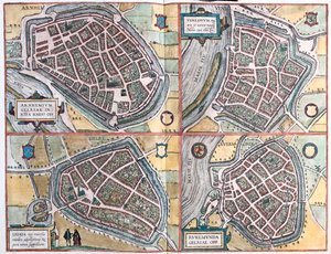 Arnhem, Geltre, Venlo, Roermond - Países Baixos - em "Civitates Orbis Terrarum" de Georg Braun, Colónia 1617 de Georg Braun