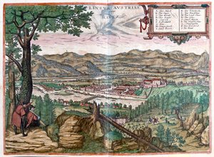 Lintz, Áustria - em "Civitates Orbis Terrarum" de Georg Braun, Colónia 1617 de Georg Braun
