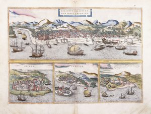 Vista de Calcutá, Índia, e abaixo de vistas menores de Ormuz na entrada do Golfo Pérsico, Canonor na Índia e a fortaleza portuguesa de El Mina na África Ocidental, 1572