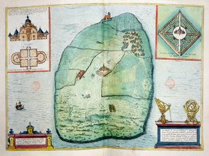 O Castelo e Observatório de Uraniborg na ilha de Hven, na Dinamarca, construído c.1584 por Tycho Brahe (1546-1601), de Urbium Praecipuarum Mundi Theatrum Quintum, publicado em Colônia, 1598 (cor