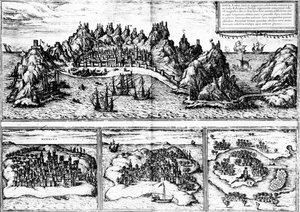 Vistas de Aden, Mombaza, Quiloa e Cefala, do "Civitates orbis terrarum" de Georg Braun, publicado em 1572
