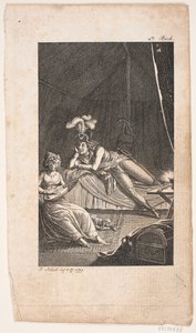 Ilustração com uma senhora tocando alaúde para um cavalheiro em uma tenda de Georg Christian Schule