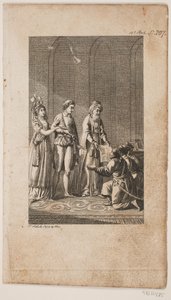 Ilustração com um jovem casal com um oriental e três soldados turcos ajoelhados de Georg Christian Schule