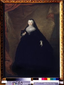 ""Retrato de Elisabeth Petrovna (1709-1762) Imperatriz da Rússia sob o nome de Elisabeth I, filha de Pedro, o Grande"" Ela está disfarçada, segura uma máscara na mão. Pintura de Georg-Christoph (Georg Christoph) Grooth (1716-1749) 1748 Estado Tretyakov G
