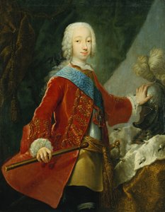 Retrato de um cavalheiro, provavelmente o grão-duque Peter Fedorovich, mais tarde czar Pedro III, de três quartos de comprimento, vestindo uma jaqueta bordada vermelha, peitoral e o distintivo de Santa Ana, segurando um bastão, a mão apoiada em um capacete de Georg Christoph Grooth