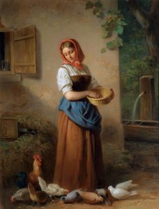 Uma menina alimentando galinhas e pombos