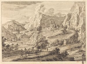 Paisagem montanhosa com figuras e um mosteiro de Georg Eisenmann