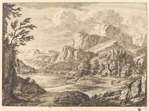 Paisagem montanhosa com um castelo em ruínas e uma ponte em arco à distância de Georg Eisenmann