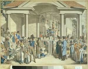 Comunidade de saúde na fonte de Karlsbader, 1810 (desenho aquatint) de Georg Emanuel Opitz