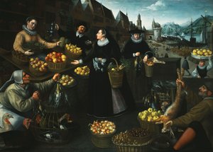 Uma alegoria do outono: uma barraca de frutas e legumes acima do Weinmarkt em Frankfurt,
