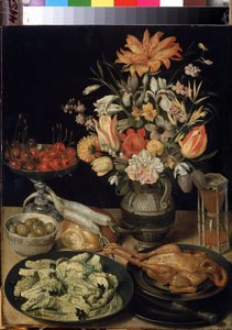 "Natureza morta com flores, galinha, ampulheta, azeitonas, cerejas e couve" Pintura de Georg Flegel (1566-1638) 1630-1635 Dim. 52,5x41 cm Museu Hermitage, São Petersburgo