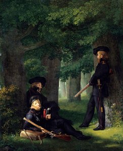"Les avant-poste" (Portraits de Theodor Koerner (1791-1813, pote et militaire prussien), Karl Friedrich Friesen (1784-1814, educateur et franc tireur) et Heinrich Hartmann)Peinture de Georg Friedrich Kersting (1785-1847) 1815 Dim 46x35 cm