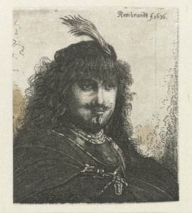 Auto-retrato (?) com gorro emplumado e sabre rebaixado de Georg Leopold Hertel