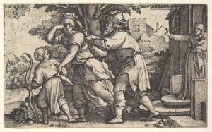 Abraão enviando Hagar e Ismael: Abraão estende um vaso como Hagar e Ishm ..., ca. 1543 de Georg Pencz
