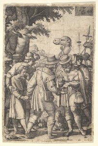 Joseph vendeu aos comerciantes: um homem barbudo que agarra Joseph com a mão esquerda recebe co ..., 1546. de Georg Pencz