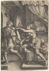 Joseph se afasta da esposa de Potifar, que aperta a capa com as duas mãos enquanto ela ... 1546. de Georg Pencz