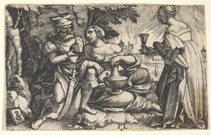Ló e suas filhas: uma filha no centro repousa o braço direito sobre o joelho de Lots e uma ve ..., ca. 1531 de Georg Pencz