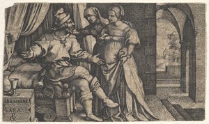 Sarah apresentando Hagar a Abraão, que se senta ao pé de uma cama, da série The ..., ca. 1543 de Georg Pencz