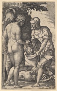 Tômiris, nua por trás, colocando a cabeça de Ciro em um saco carregado por um soldado..., ca. 1539.