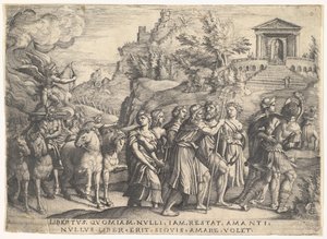 Triunfo do Amor: quatro cavalos puxam uma carruagem com Cupido de pé sobre uma platina fumegante ..., ca. 1539 de Georg Pencz