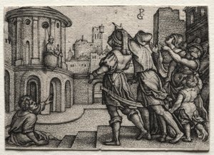 Virgil pendurado em uma cesta de Georg Pencz